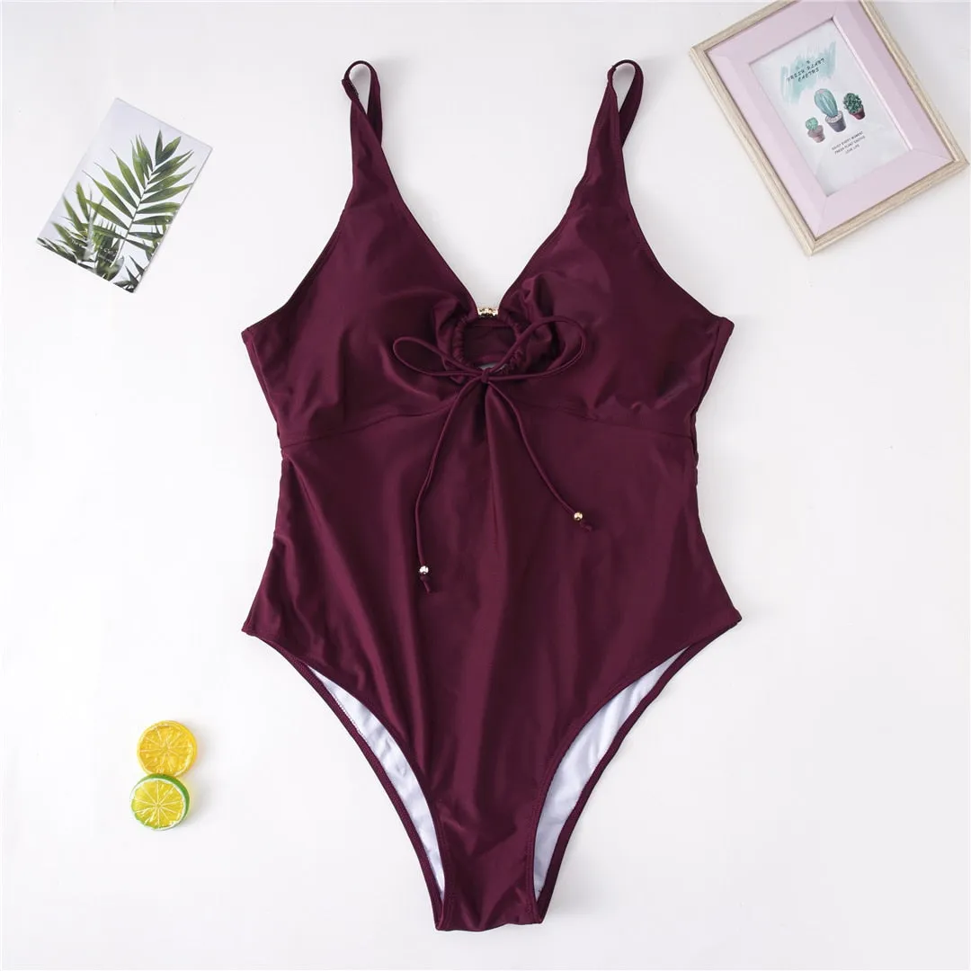 0XL - 4XL New Sexy Lace Up Large Size Swimwear Plus Size One Piece Swimsuit Female Women Bather Bathing Suit Swim Monokini V3294