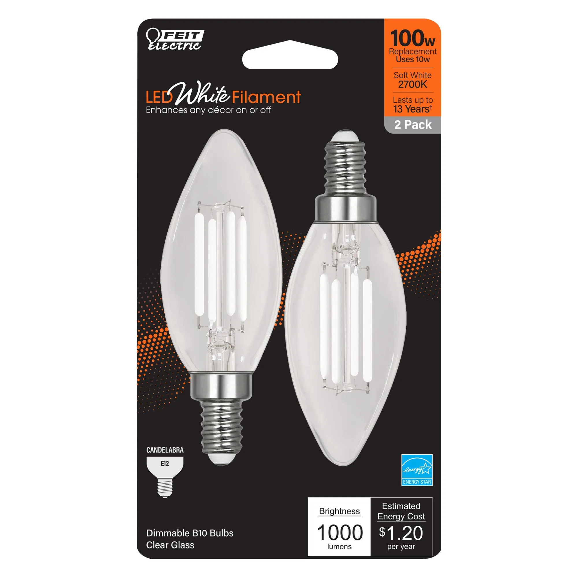 10W (100W Equivalent) Soft White (2700K) B10 Shape (E12 Base) Torpedo Tip Exposed White Filament Light Bulb (2-Pack)