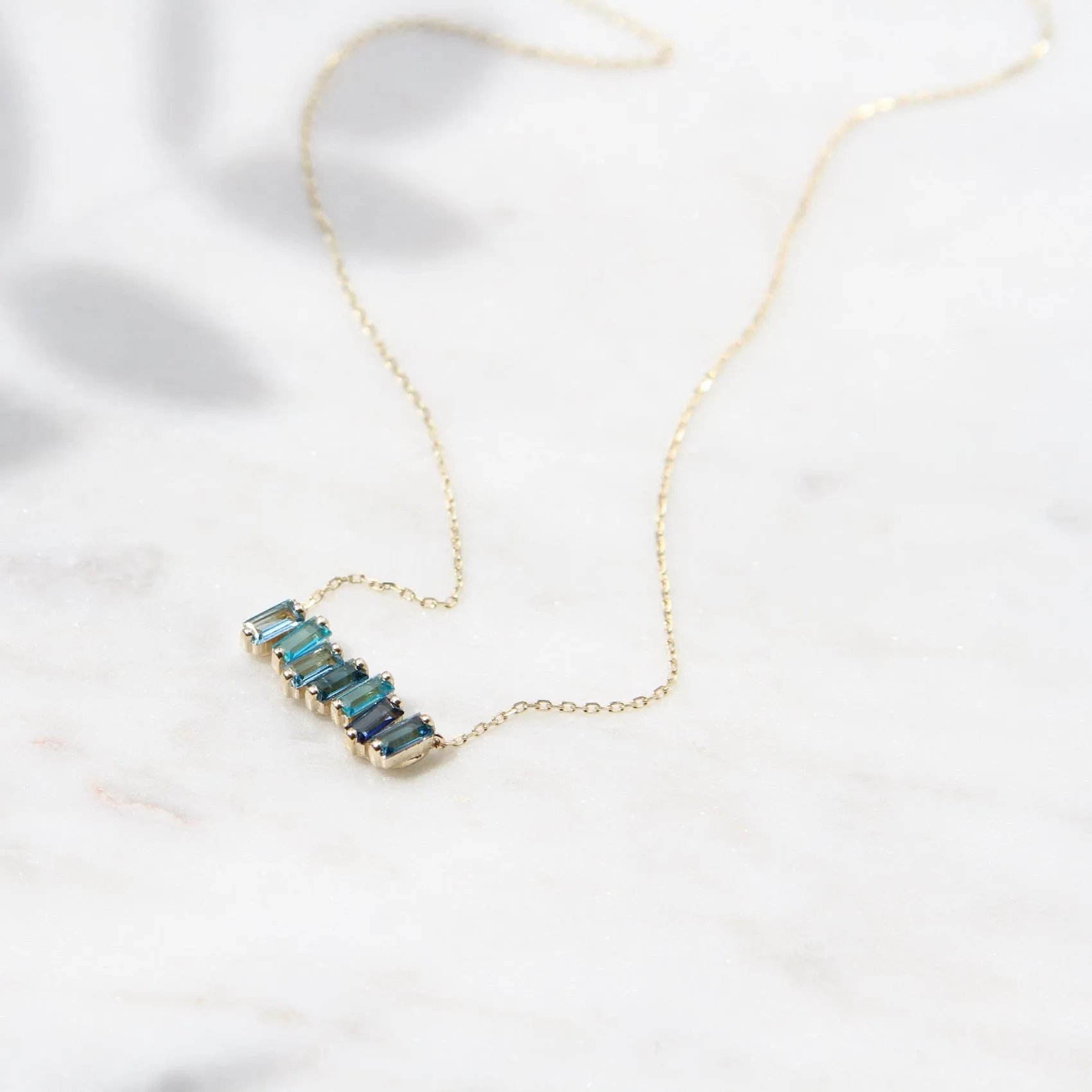 14k Gold Mixed Blue Baguette Bar Necklace