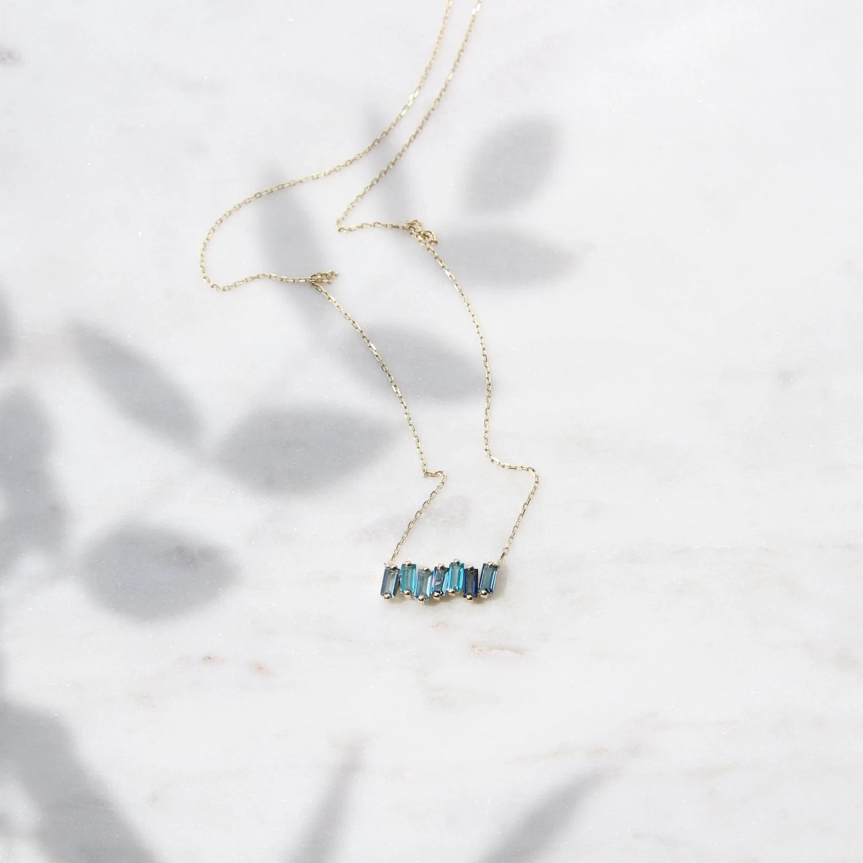 14k Gold Mixed Blue Baguette Bar Necklace