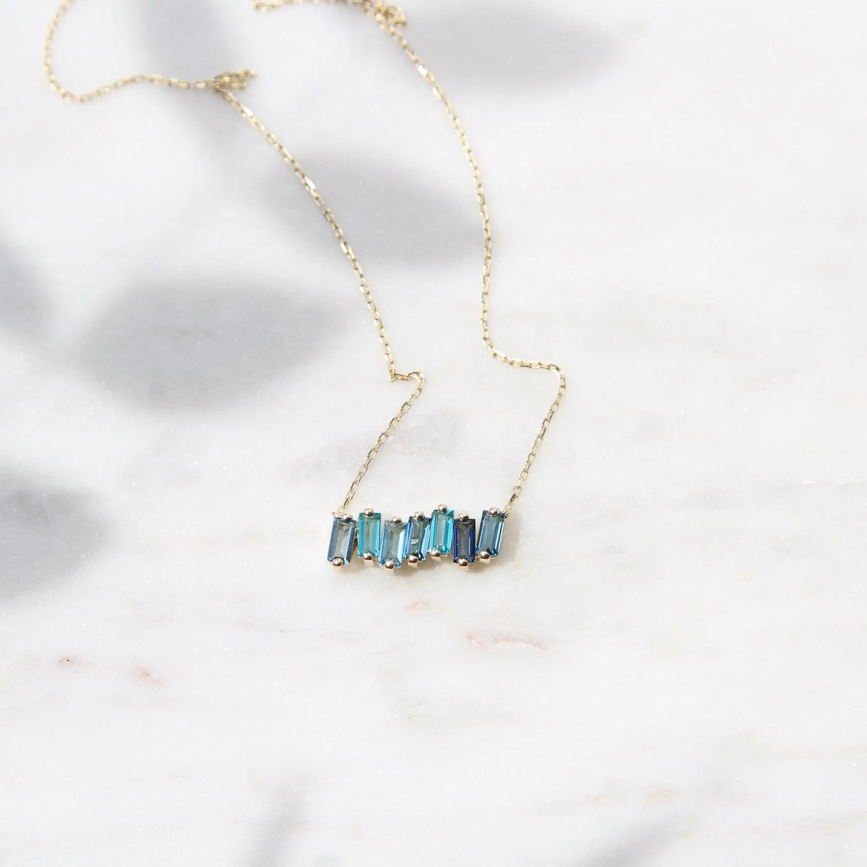 14k Gold Mixed Blue Baguette Bar Necklace