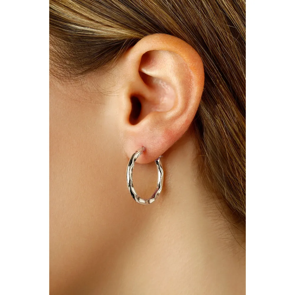 14k White Gold Embossed Hoop Earrings