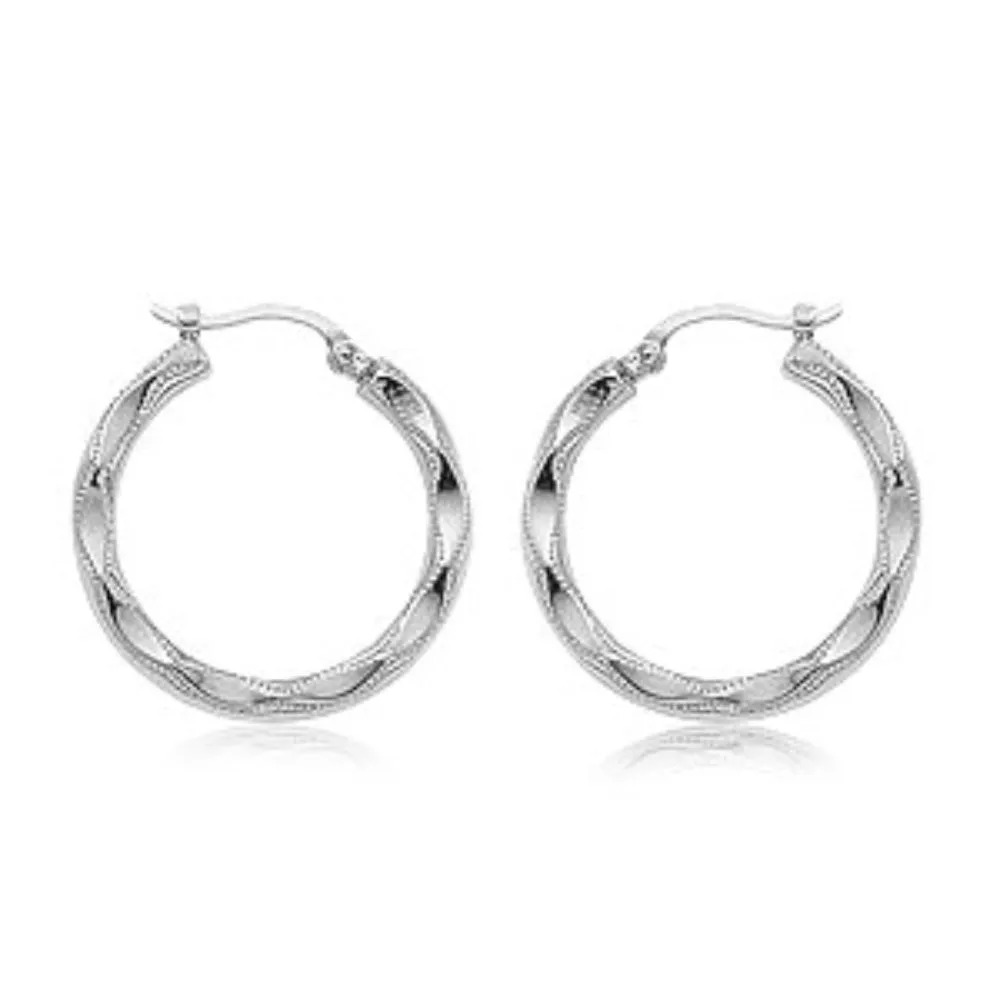 14k White Gold Embossed Hoop Earrings