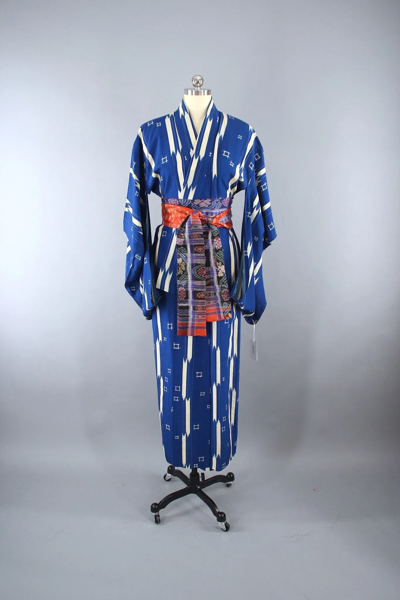 1930s Vintage Silk Kimono Robe with Blue & White Ikat Pattern