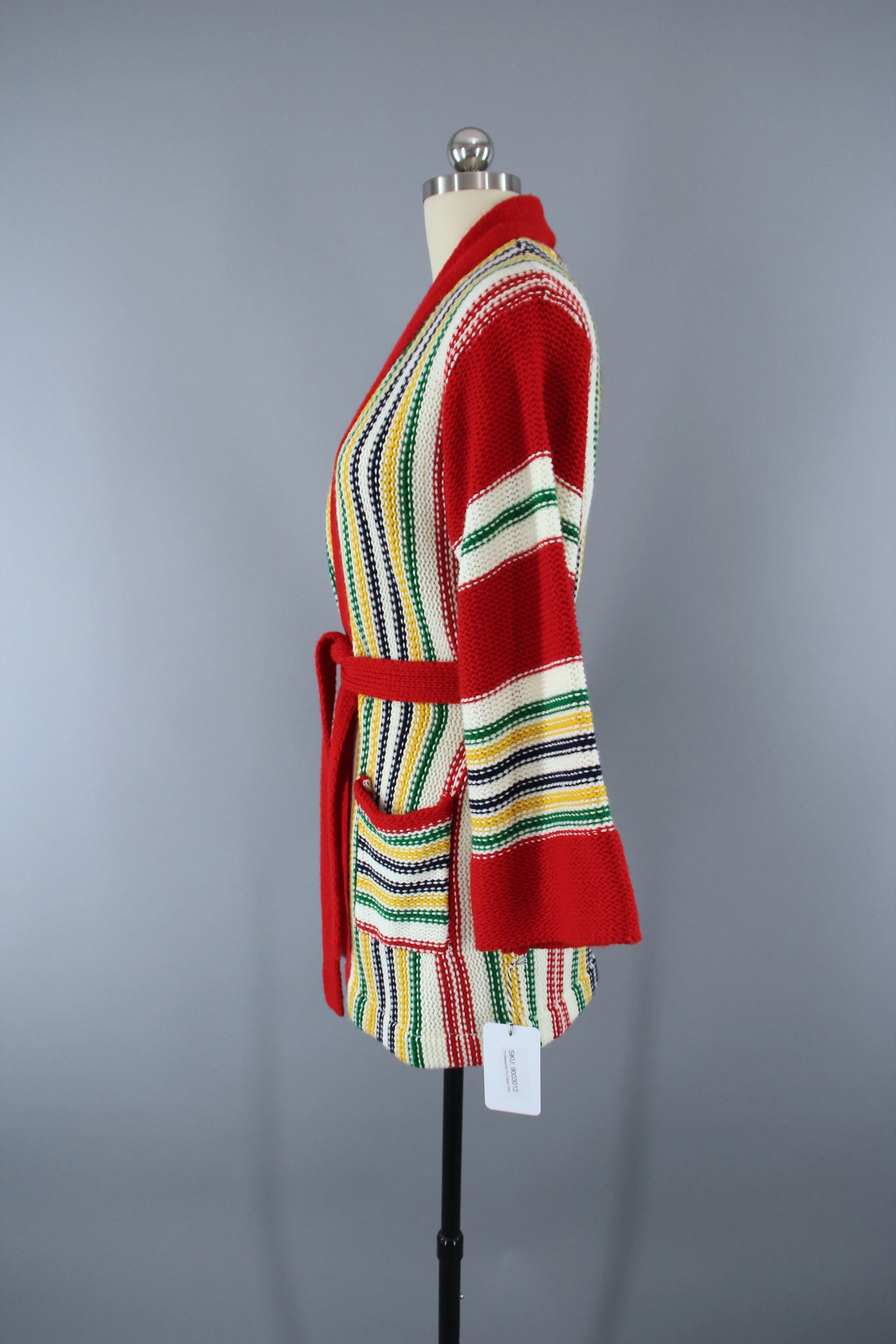 1970s Vintage Red Striped Wrap Cardigan Belted Sweater