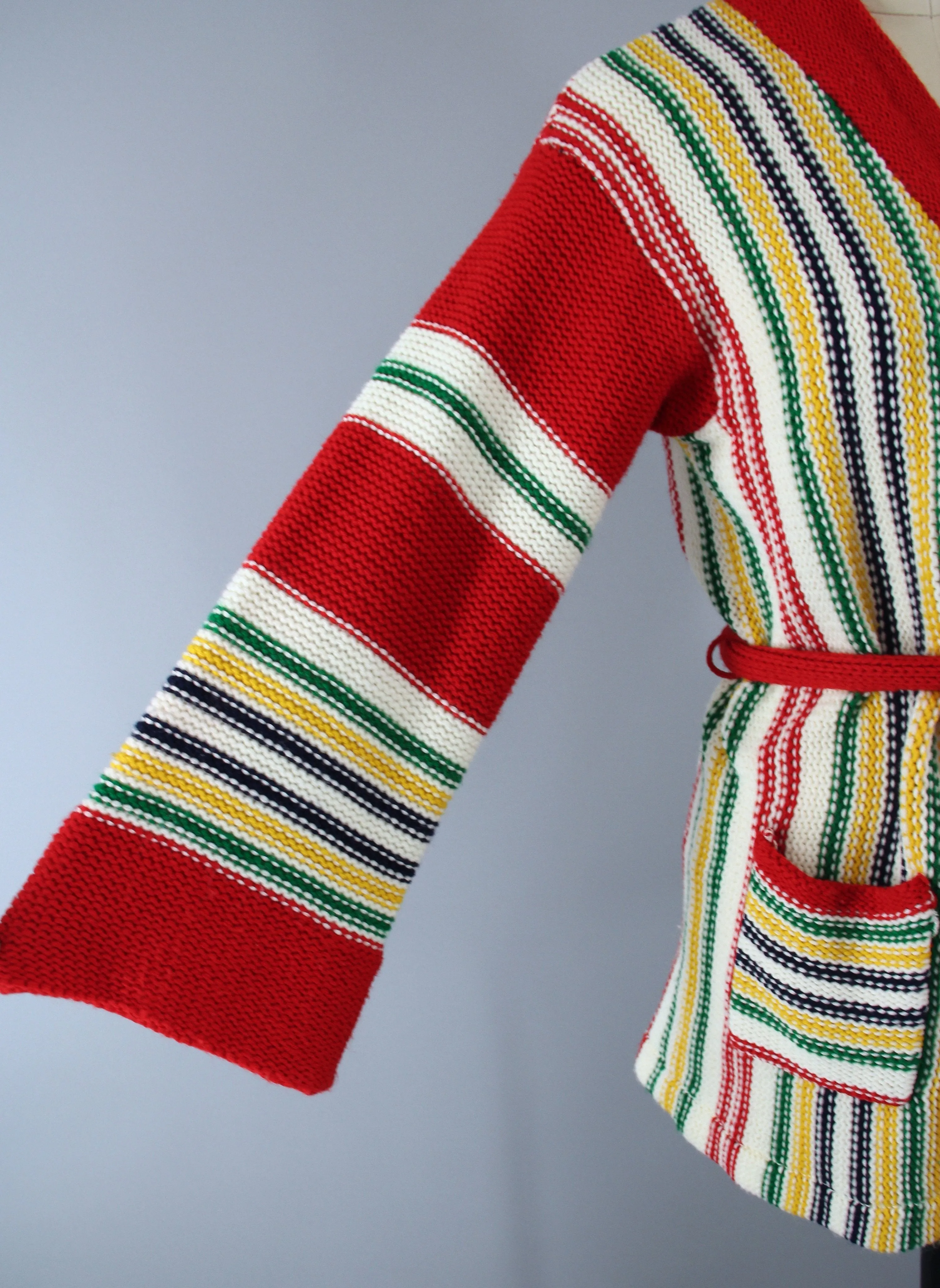 1970s Vintage Red Striped Wrap Cardigan Belted Sweater