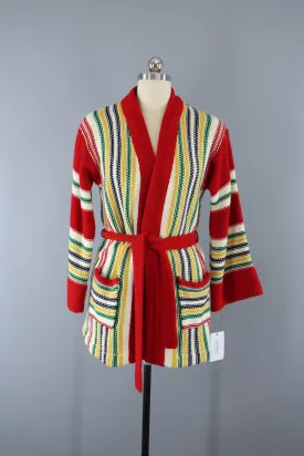 1970s Vintage Red Striped Wrap Cardigan Belted Sweater