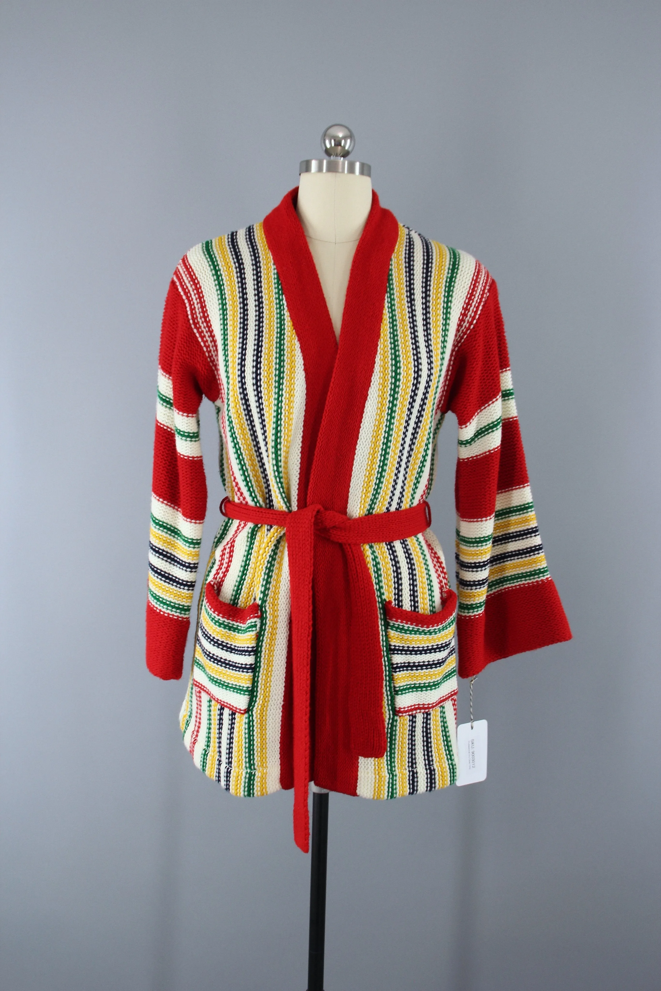 1970s Vintage Red Striped Wrap Cardigan Belted Sweater