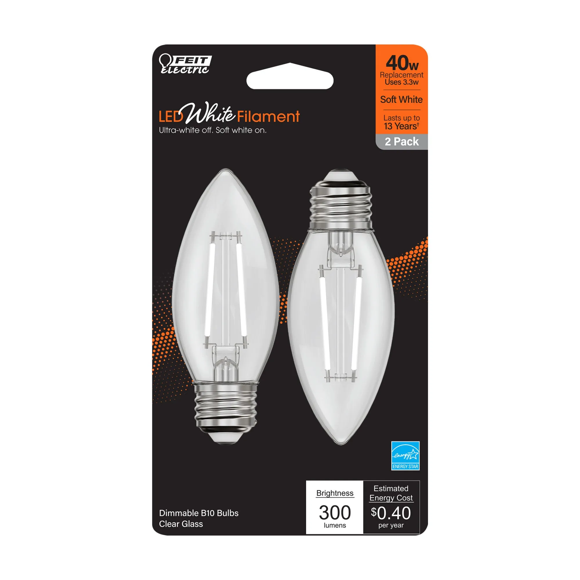 3.3W (40W Equivalent) Soft White (2700K) Chandelier B10 (E26 Base) Torpedo Tip Exposed White Filament LED Bulb (2-Pack)