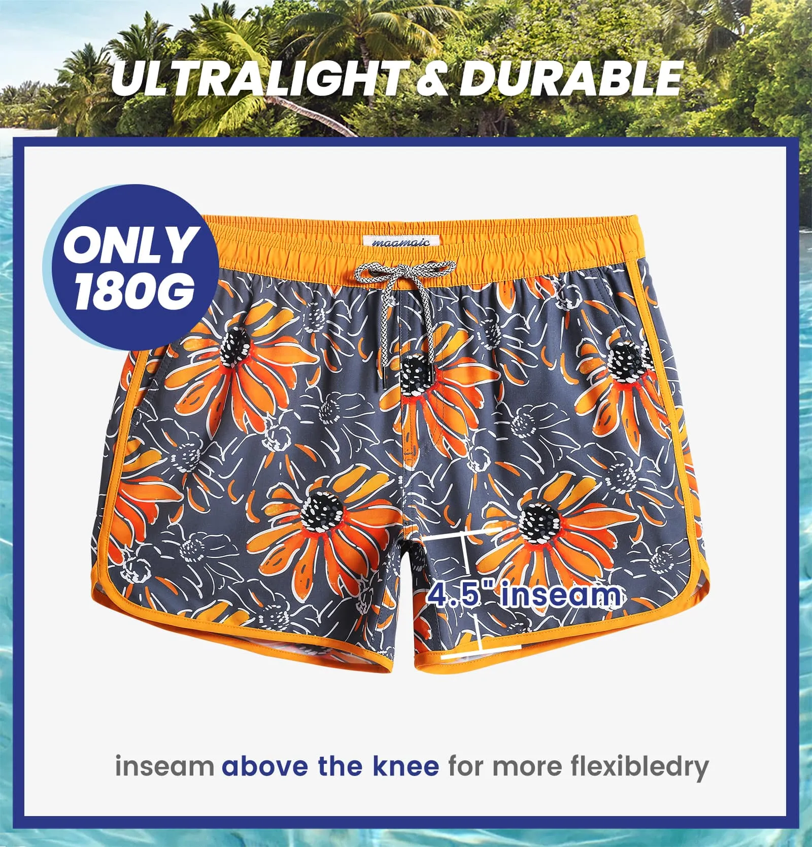 4.5 Inch Inseam Vintage Stretch Sunflower Printed Swim Trunks