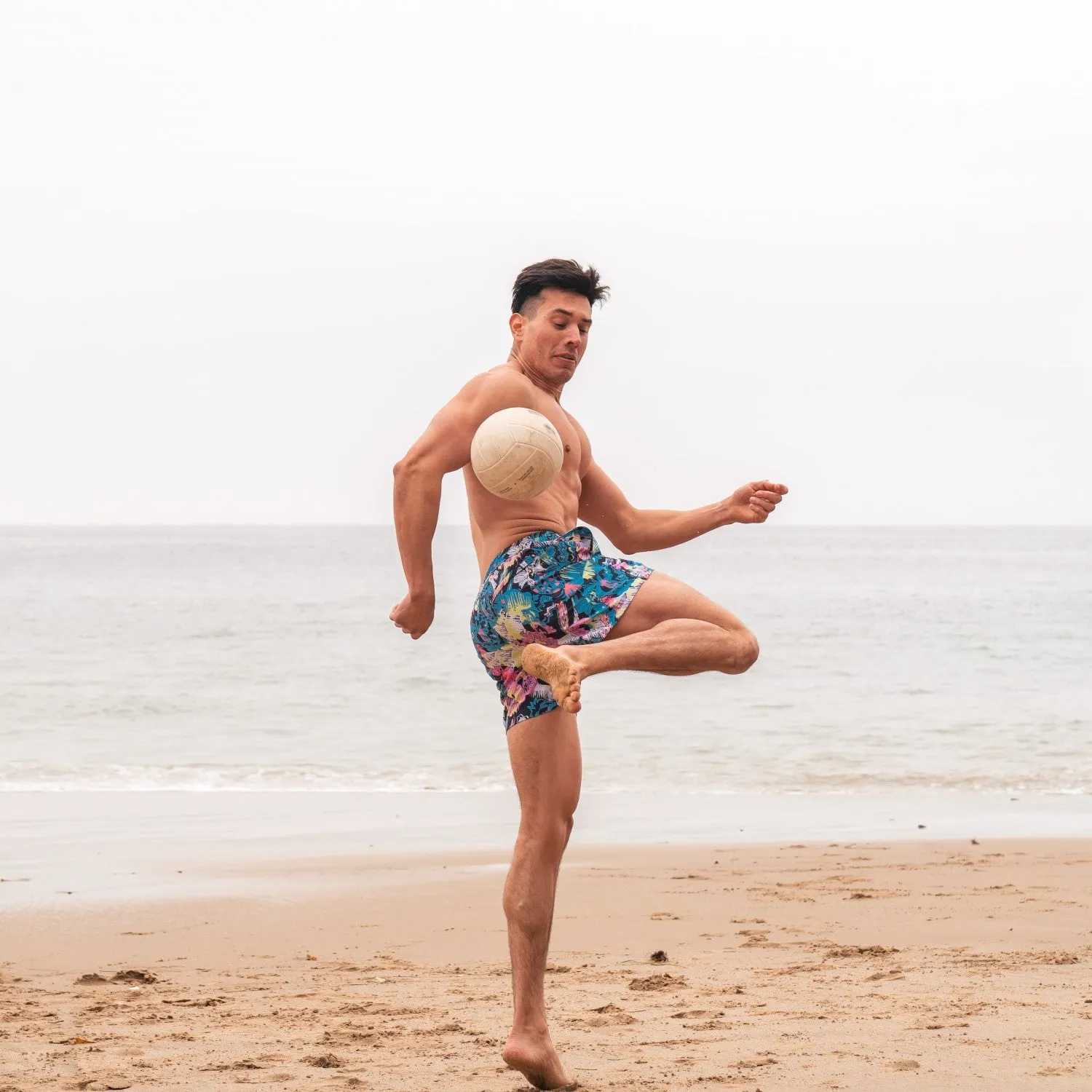 5.5 Inch Inseam Stretch Blue Pink Printed Swim Trunks