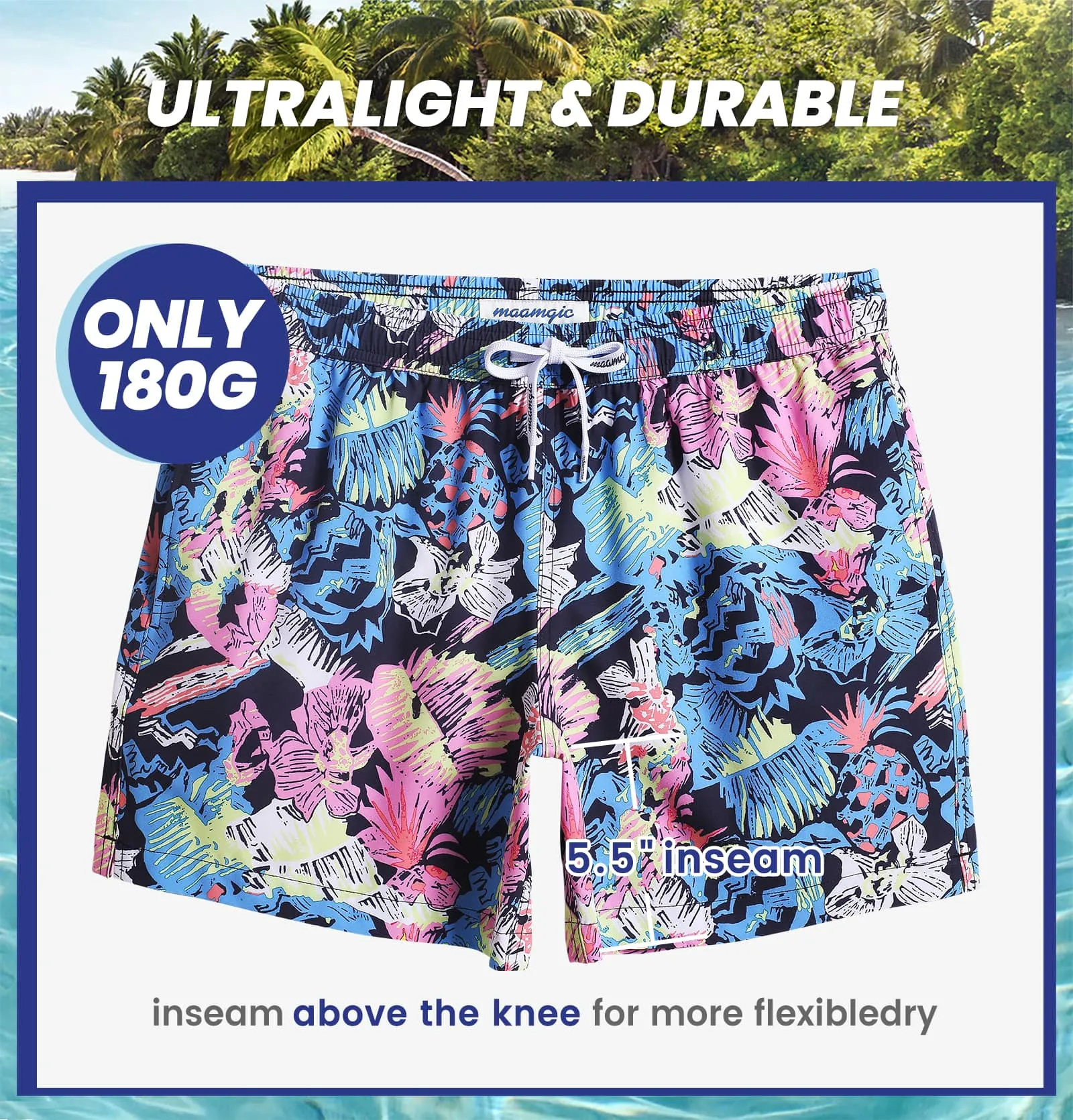 5.5 Inch Inseam Stretch Blue Pink Printed Swim Trunks