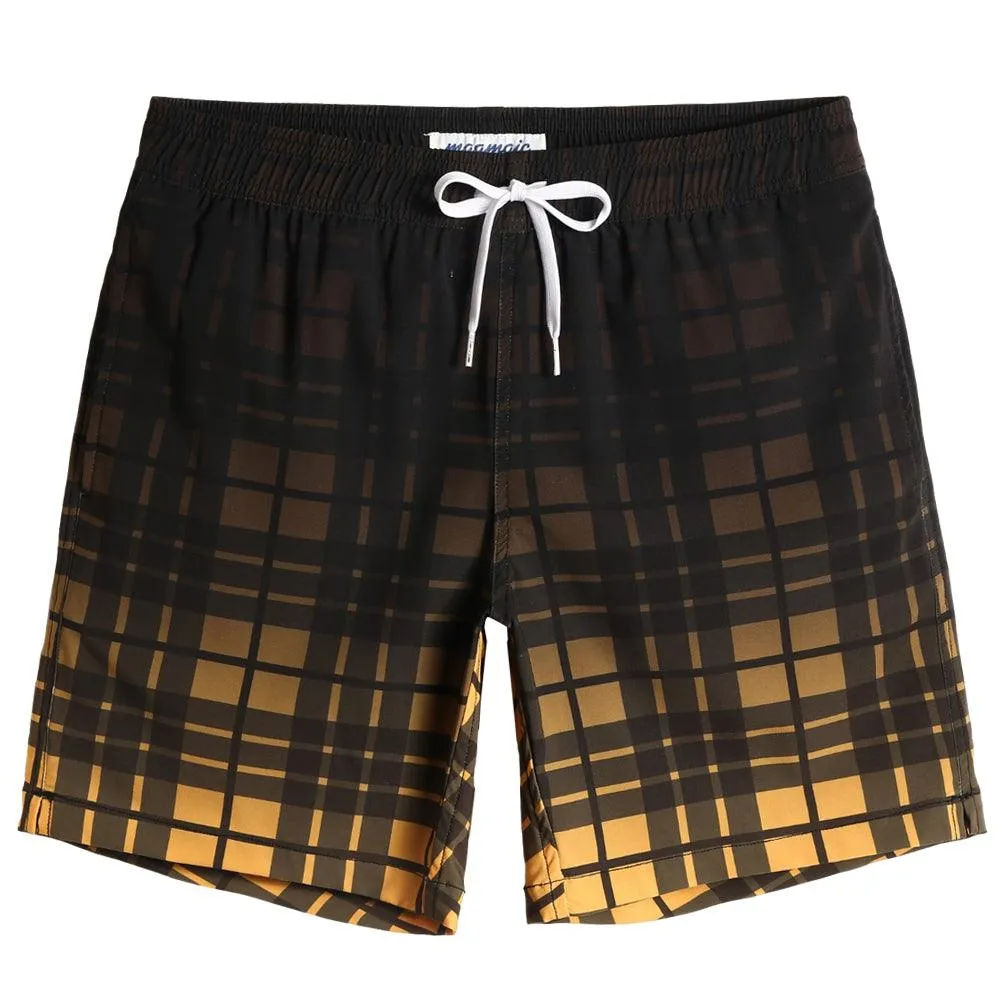 7 Inch Inseam Stretch Plaid Yellow Swim Trunks