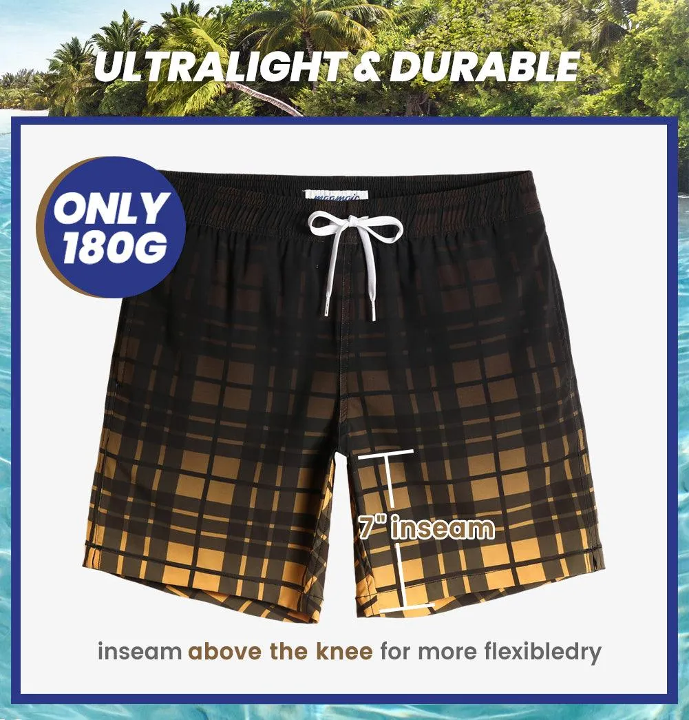 7 Inch Inseam Stretch Plaid Yellow Swim Trunks