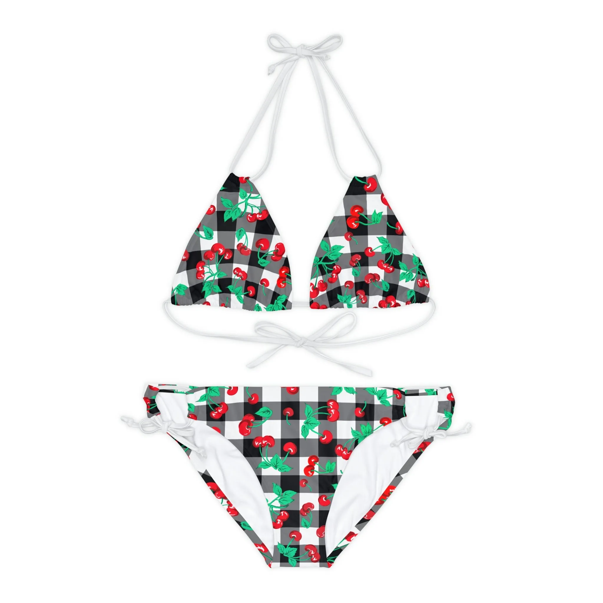 90s Vintage Black Gingham Cherry Print Strappy Bikini Set | Pinup Couture Swim