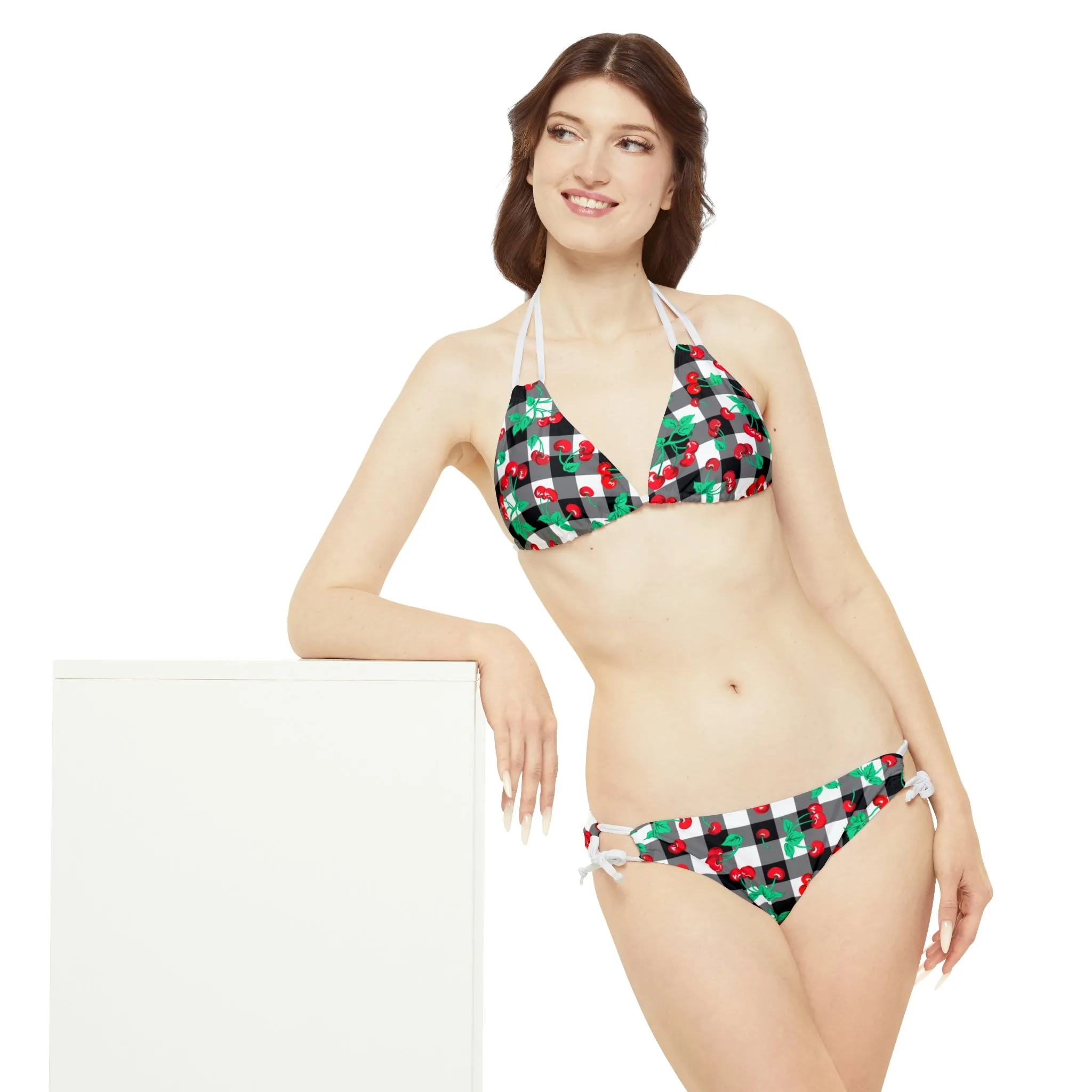 90s Vintage Black Gingham Cherry Print Strappy Bikini Set | Pinup Couture Swim