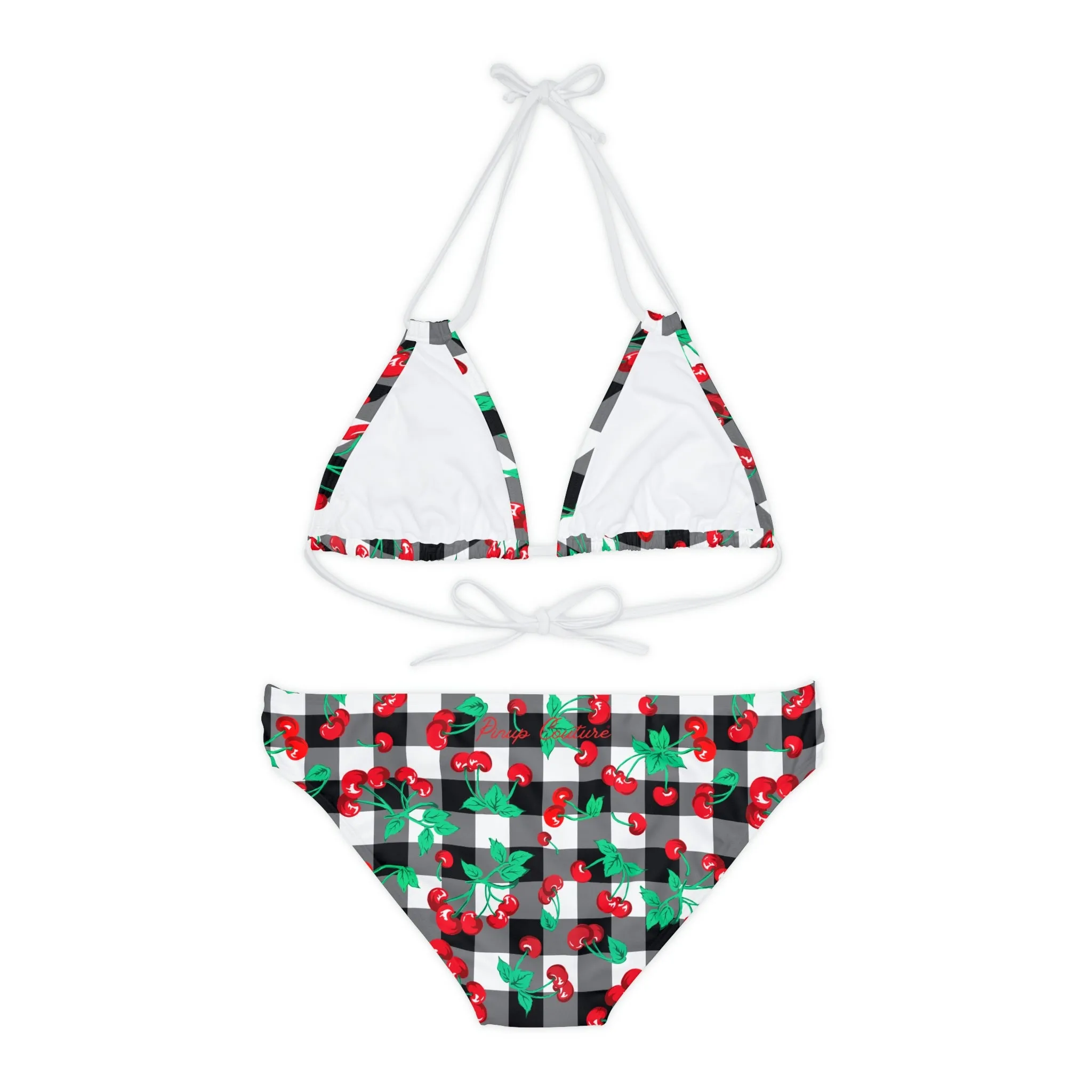 90s Vintage Black Gingham Cherry Print Strappy Bikini Set | Pinup Couture Swim