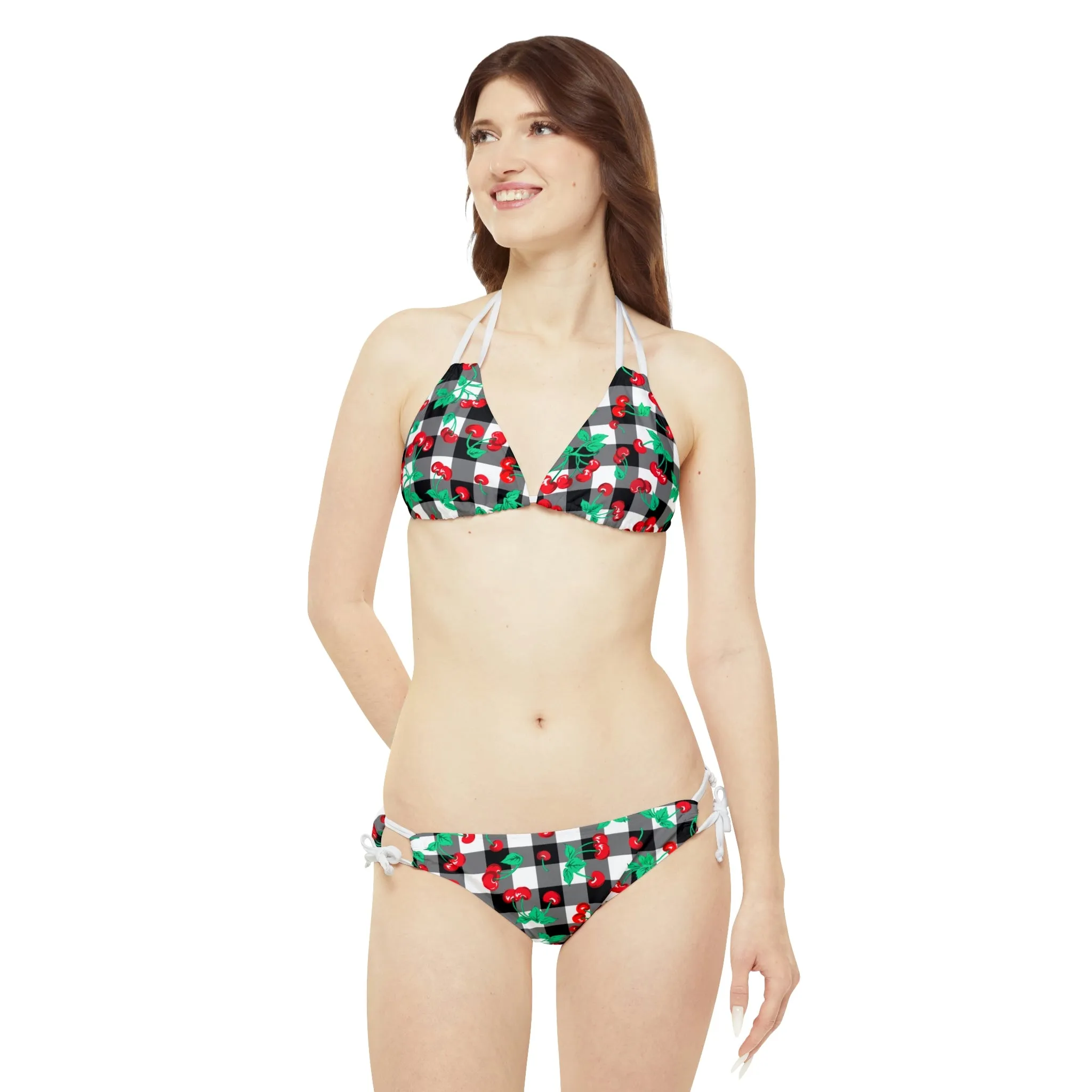 90s Vintage Black Gingham Cherry Print Strappy Bikini Set | Pinup Couture Swim