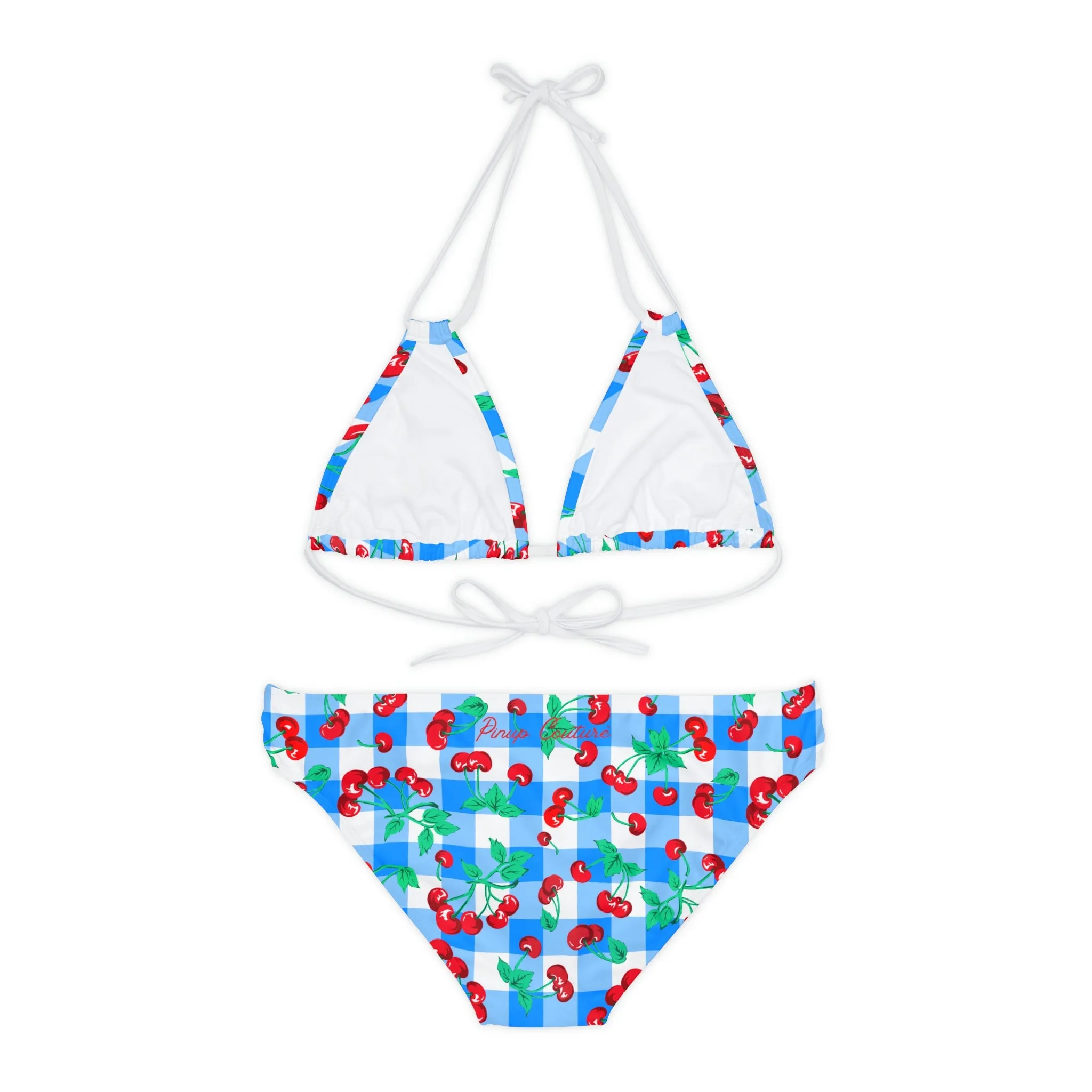 90s Vintage Inspired Blue Gingham Cherry Print Strappy Bikini Set | Pinup Couture Swim