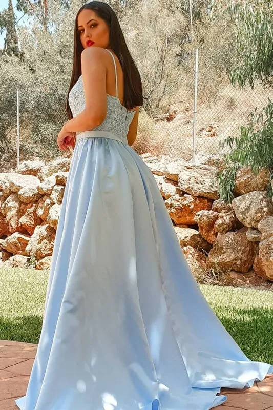 A Line Light Blue Lace Long Prom with Slit, Light Blue Lace Formal, Light Blue Evening