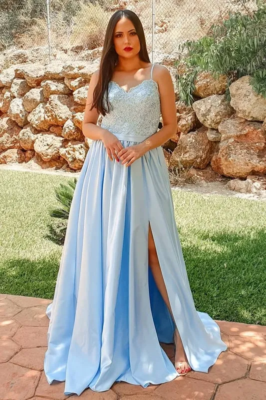 A Line Light Blue Lace Long Prom with Slit, Light Blue Lace Formal, Light Blue Evening