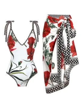 AD Floral Pattern 2 Piece Swimsuits Red Multi S