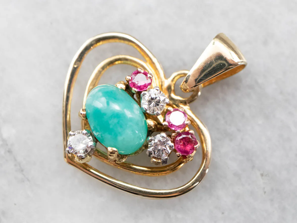 Amazonite Diamond Ruby Heart Gold Pendant