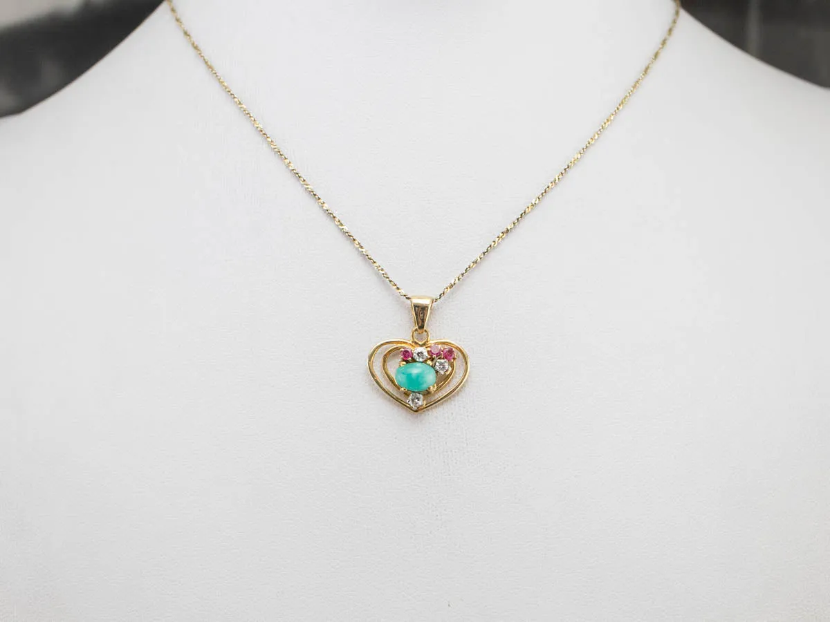 Amazonite Diamond Ruby Heart Gold Pendant