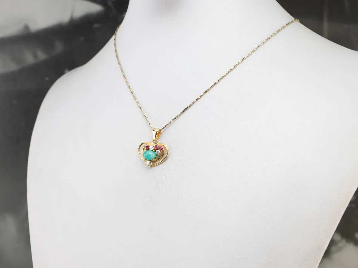 Amazonite Diamond Ruby Heart Gold Pendant