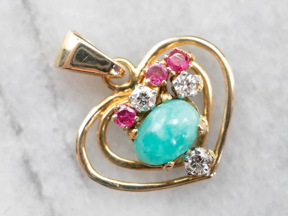 Amazonite Diamond Ruby Heart Gold Pendant