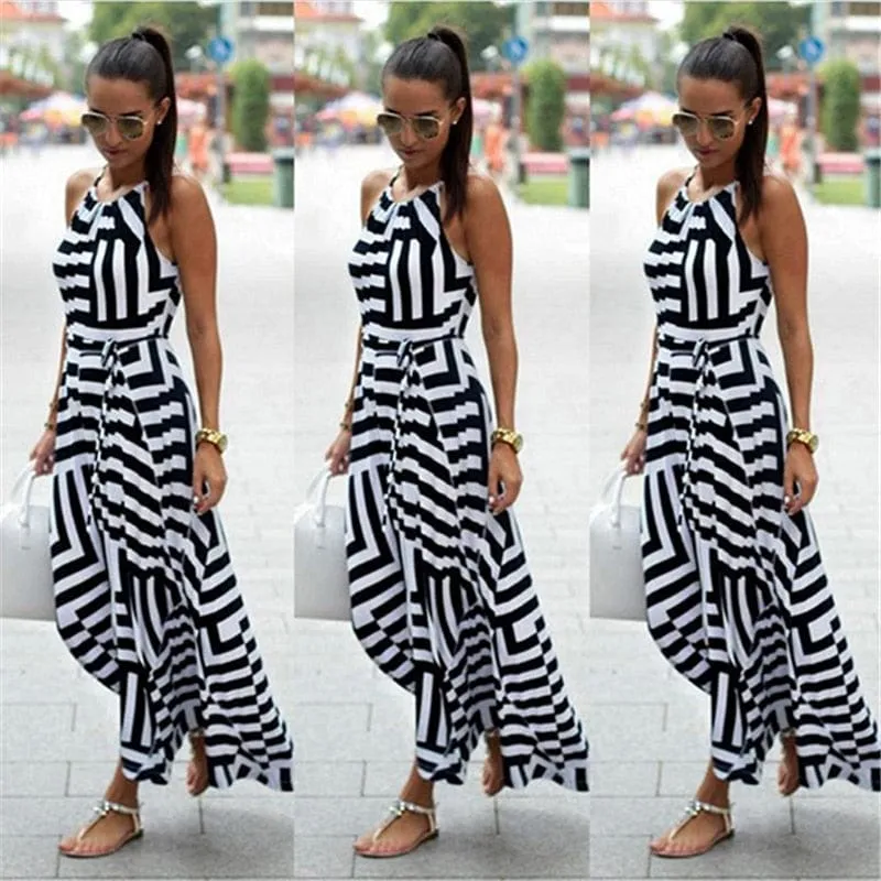 Asymmetrical Striped Black and White Sundress - S-XL