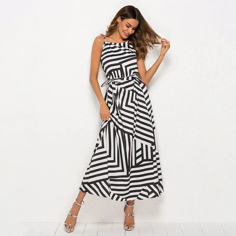 Asymmetrical Striped Black and White Sundress - S-XL