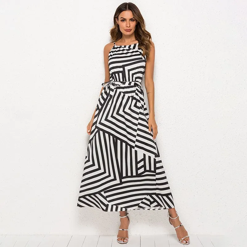 Asymmetrical Striped Black and White Sundress - S-XL