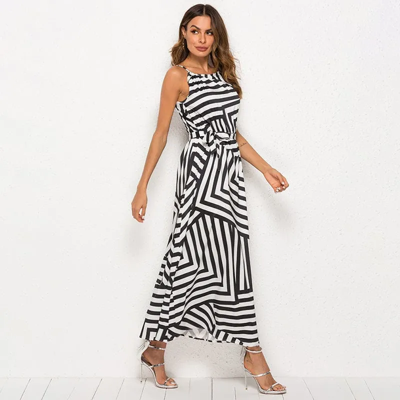 Asymmetrical Striped Black and White Sundress - S-XL