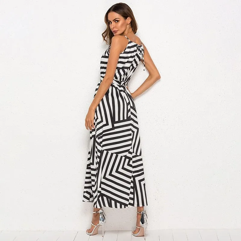 Asymmetrical Striped Black and White Sundress - S-XL