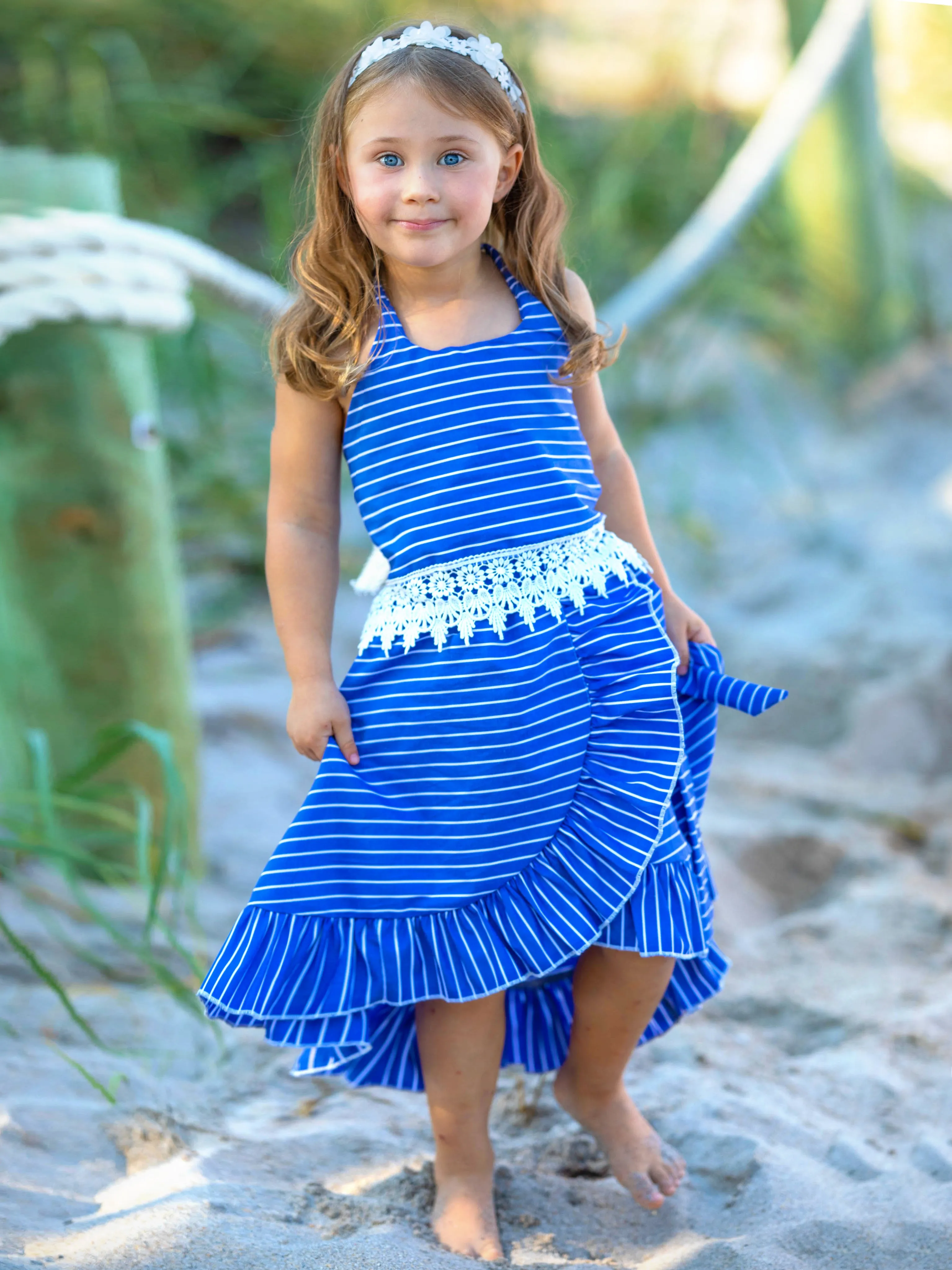 Baby Doll Blue Stripe Crochet Hem Skirt Set