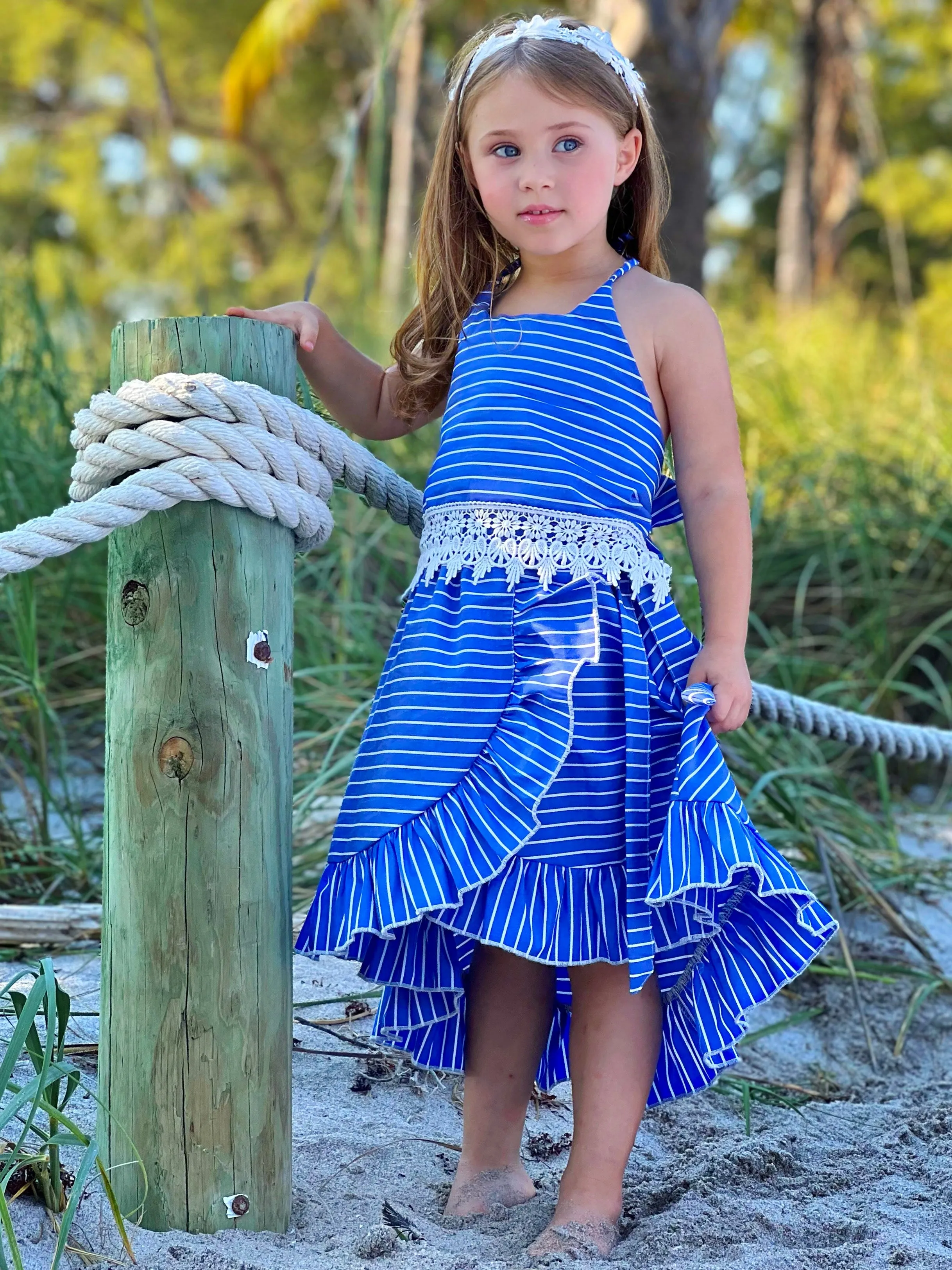 Baby Doll Blue Stripe Crochet Hem Skirt Set