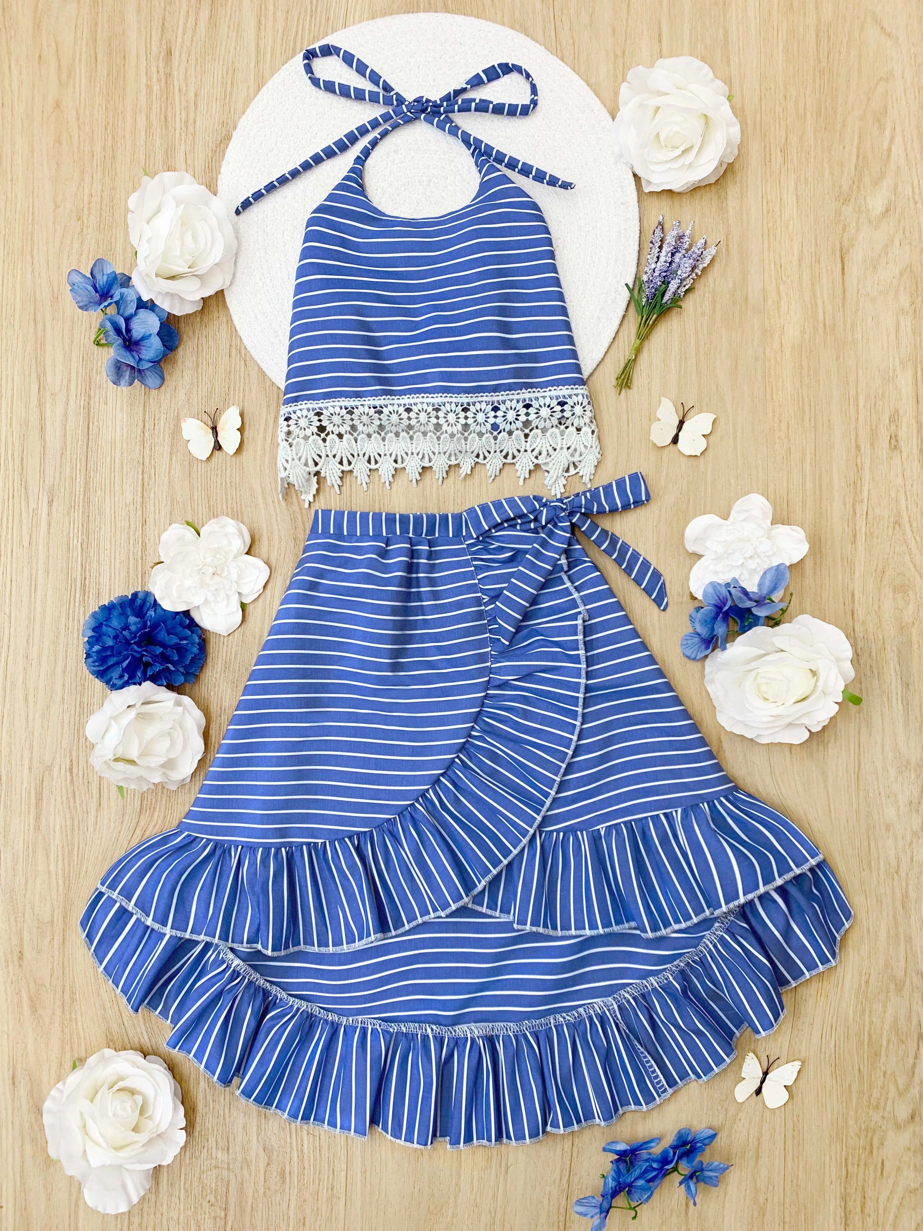 Baby Doll Blue Stripe Crochet Hem Skirt Set