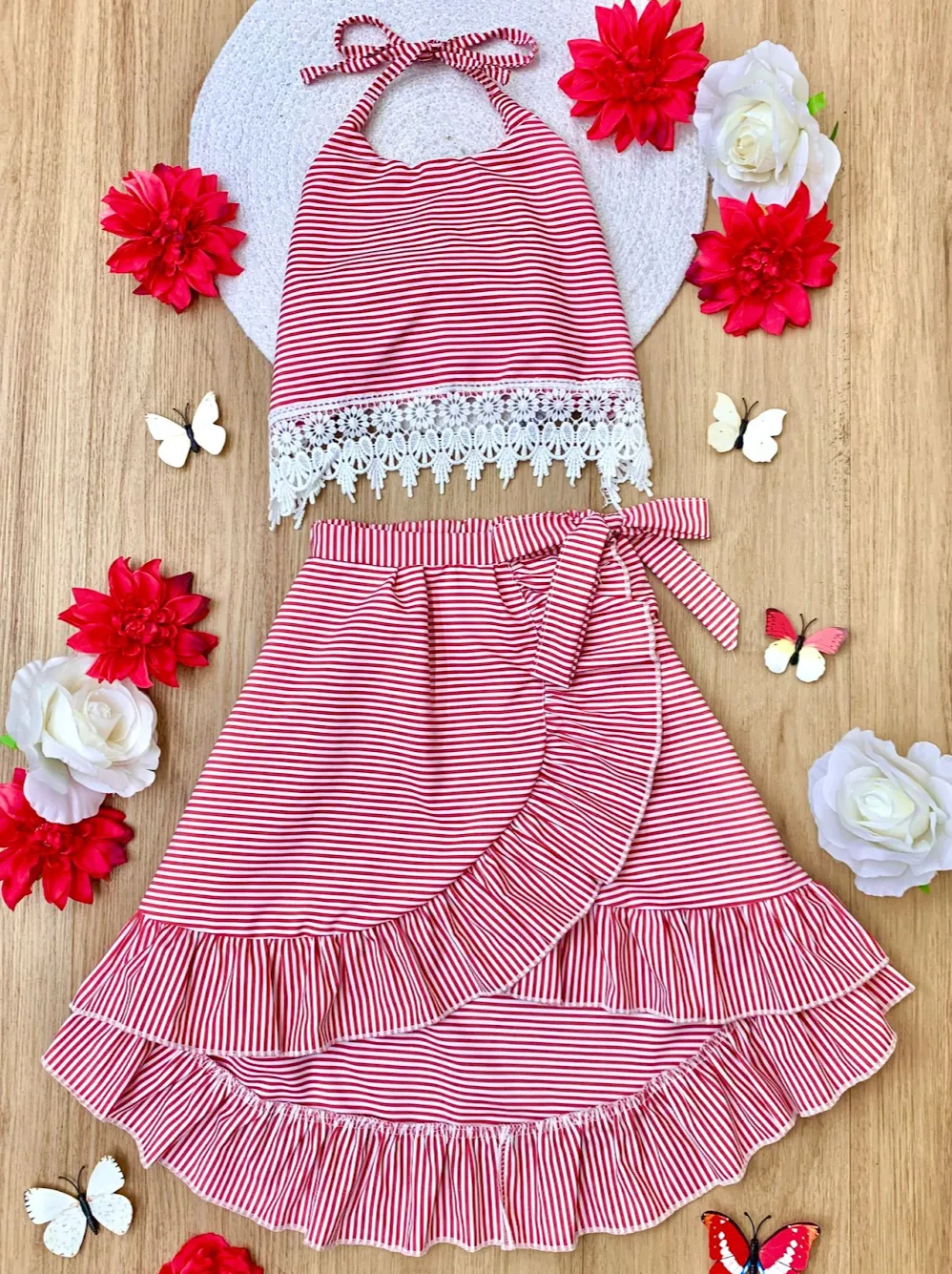 Baby Doll Red Stripe Crochet Hem Skirt Set