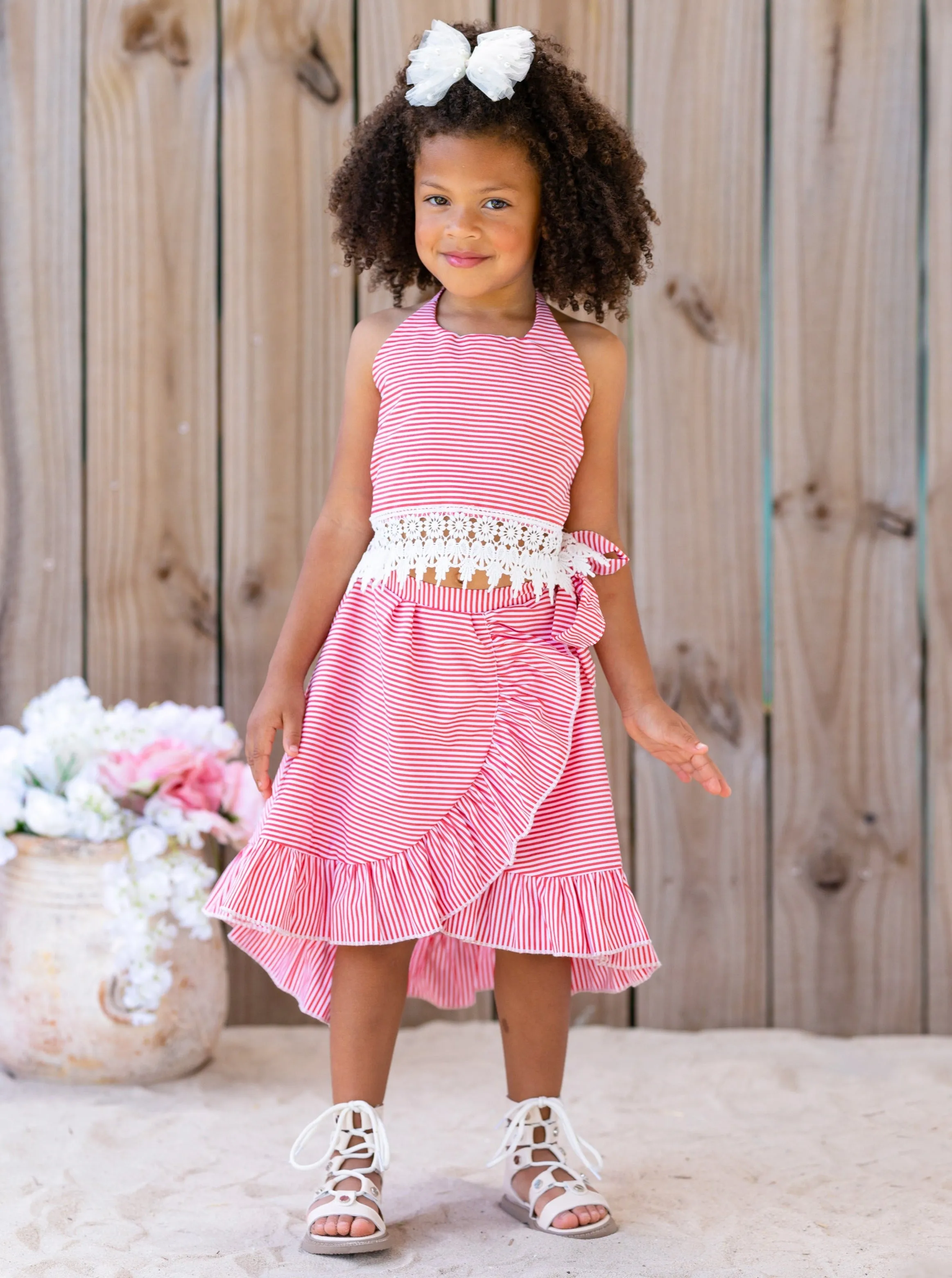 Baby Doll Red Stripe Crochet Hem Skirt Set