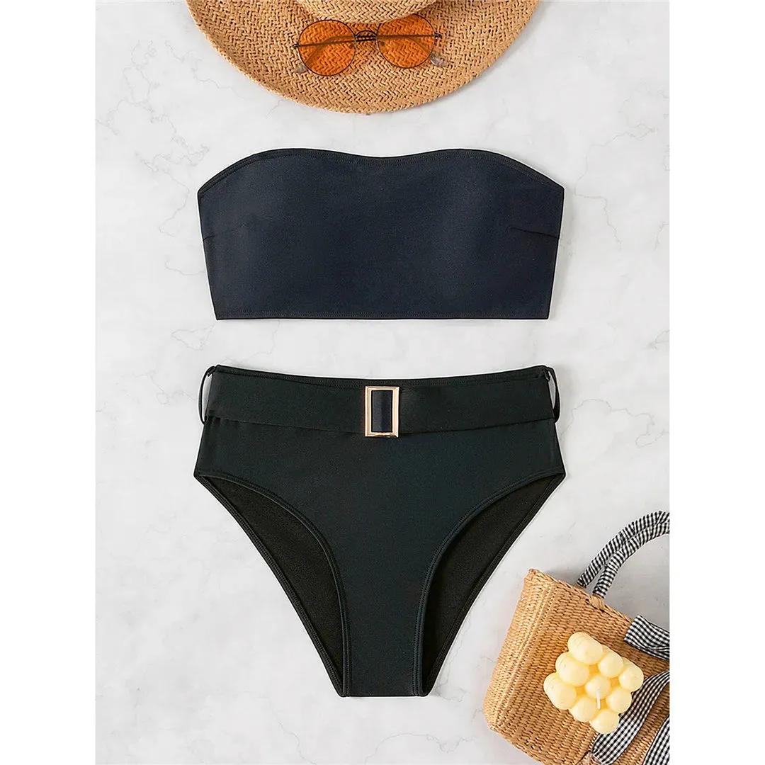 Belted Elegance Midnight Bandeau Bikini Set