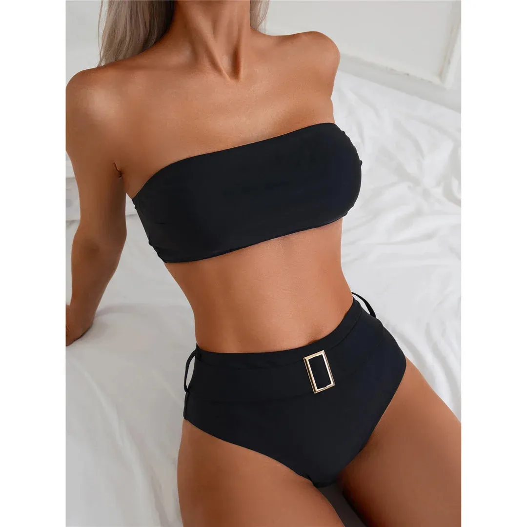 Belted Elegance Midnight Bandeau Bikini Set