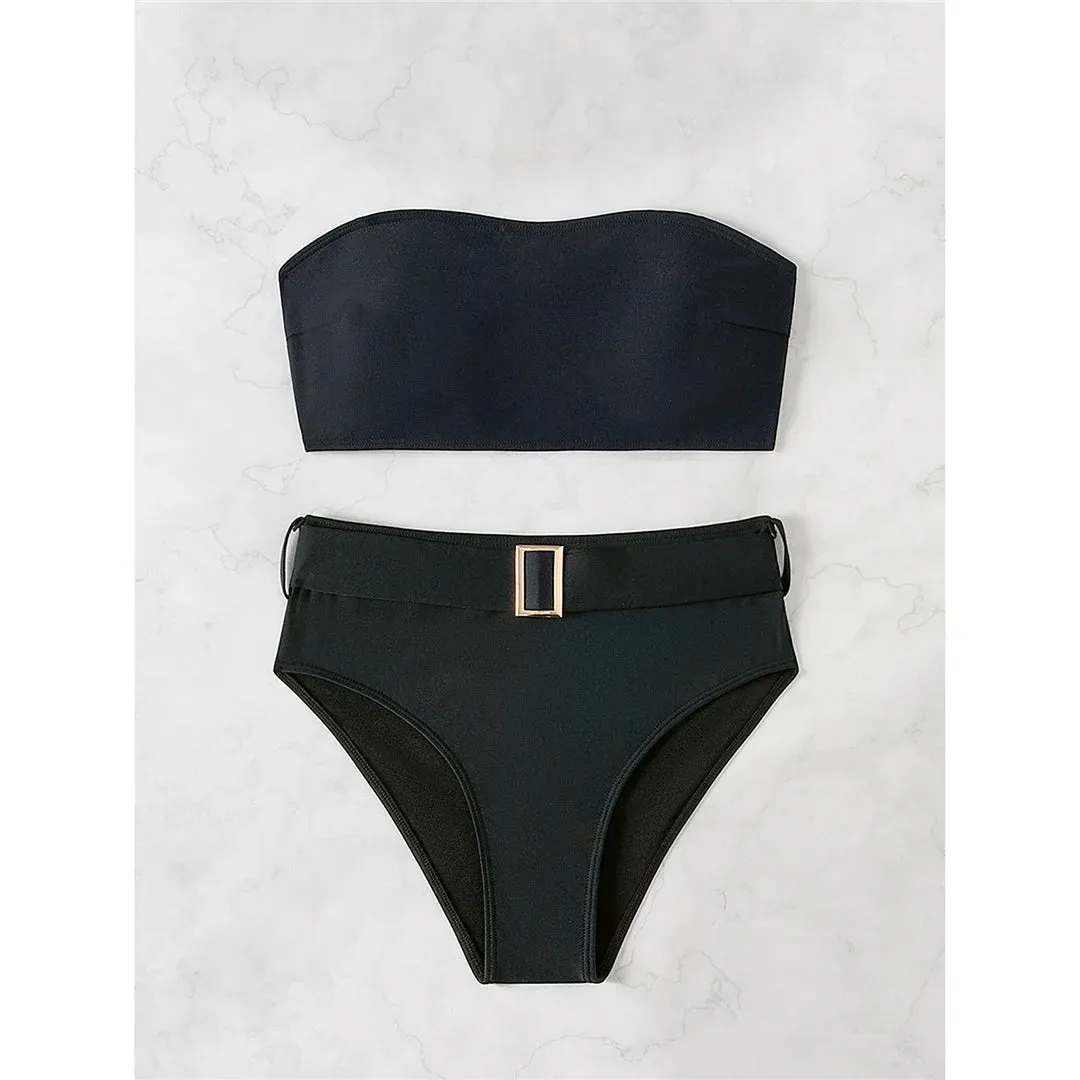 Belted Elegance Midnight Bandeau Bikini Set