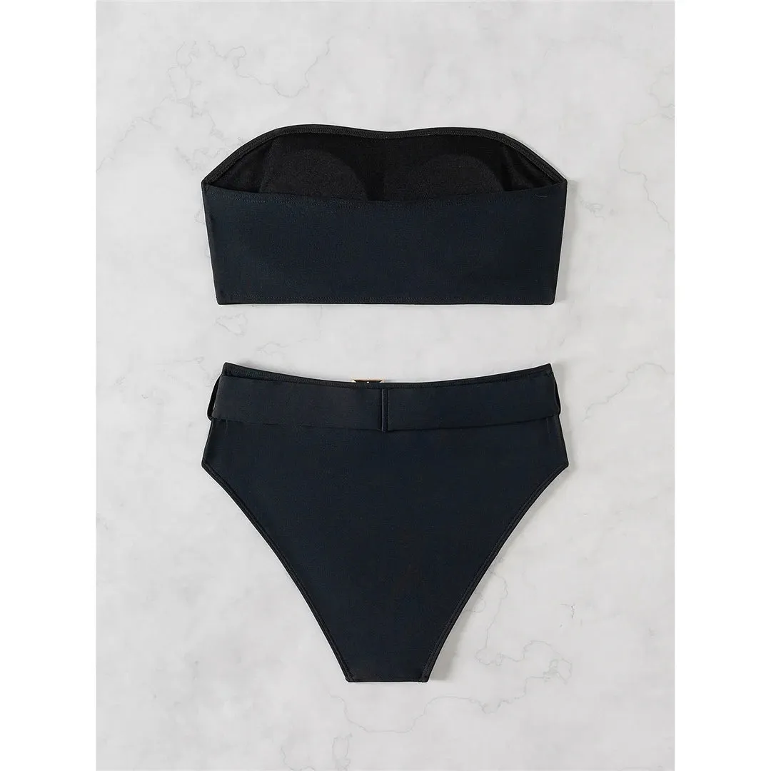 Belted Elegance Midnight Bandeau Bikini Set