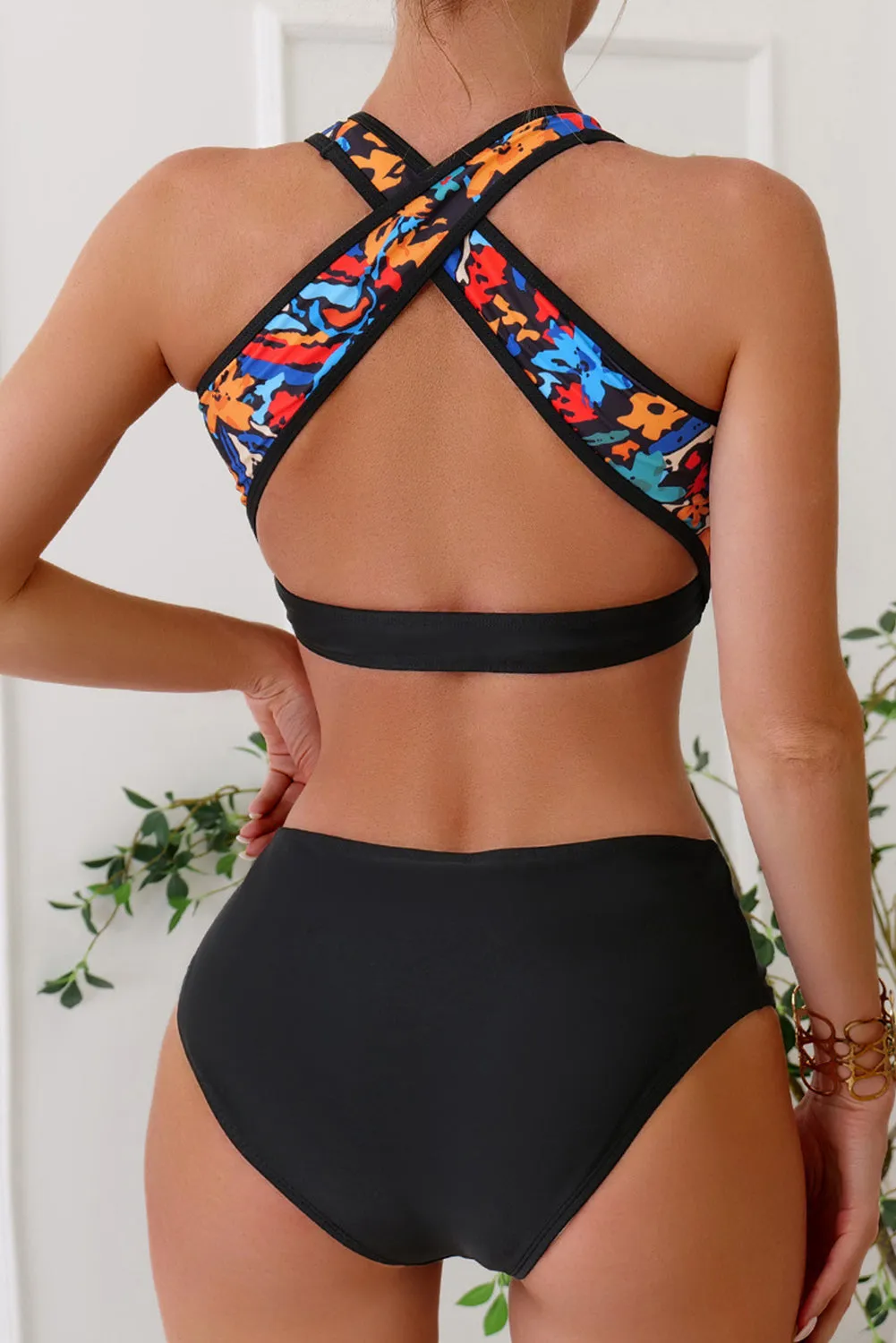 Black 3pcs Abstract Print Cross-back Bikini Set