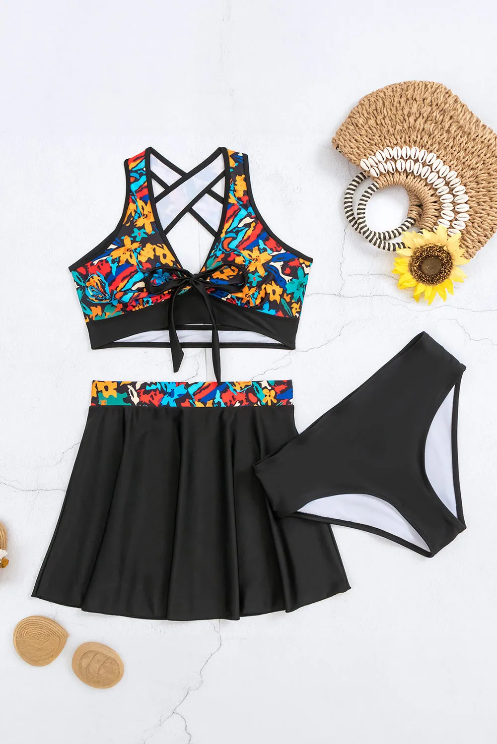 Black 3pcs Abstract Print Cross-back Bikini Set