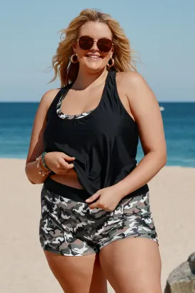 Black Camo Strappy Plus Size 3pcs Swimwear