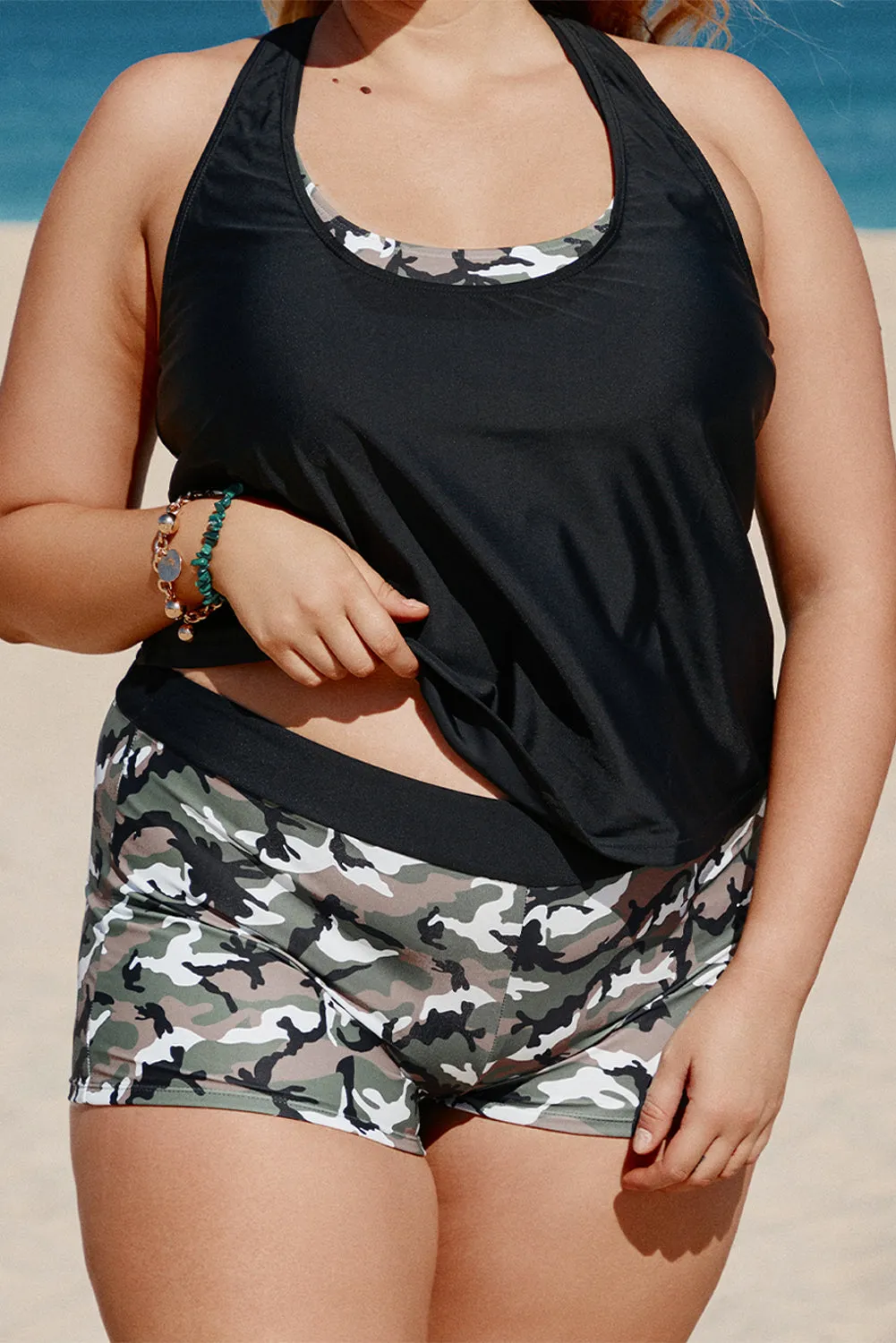 Black Camo Strappy Plus Size 3pcs Swimwear