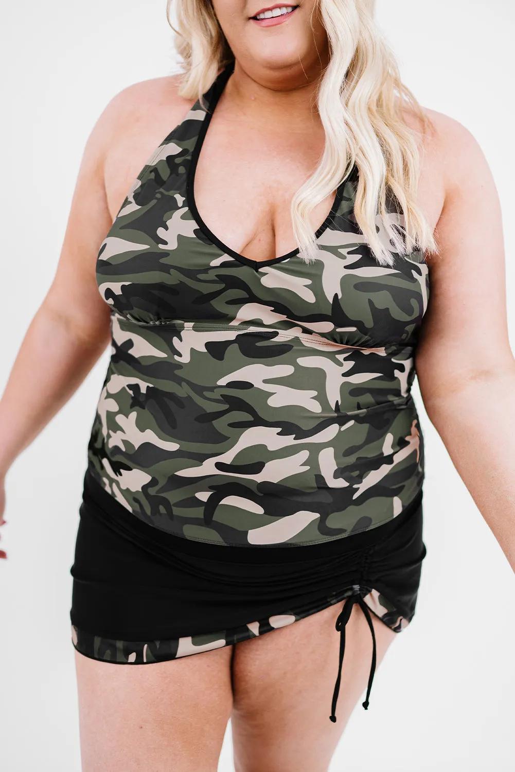 Black Camouflage Backless Plus Size Tankini Set