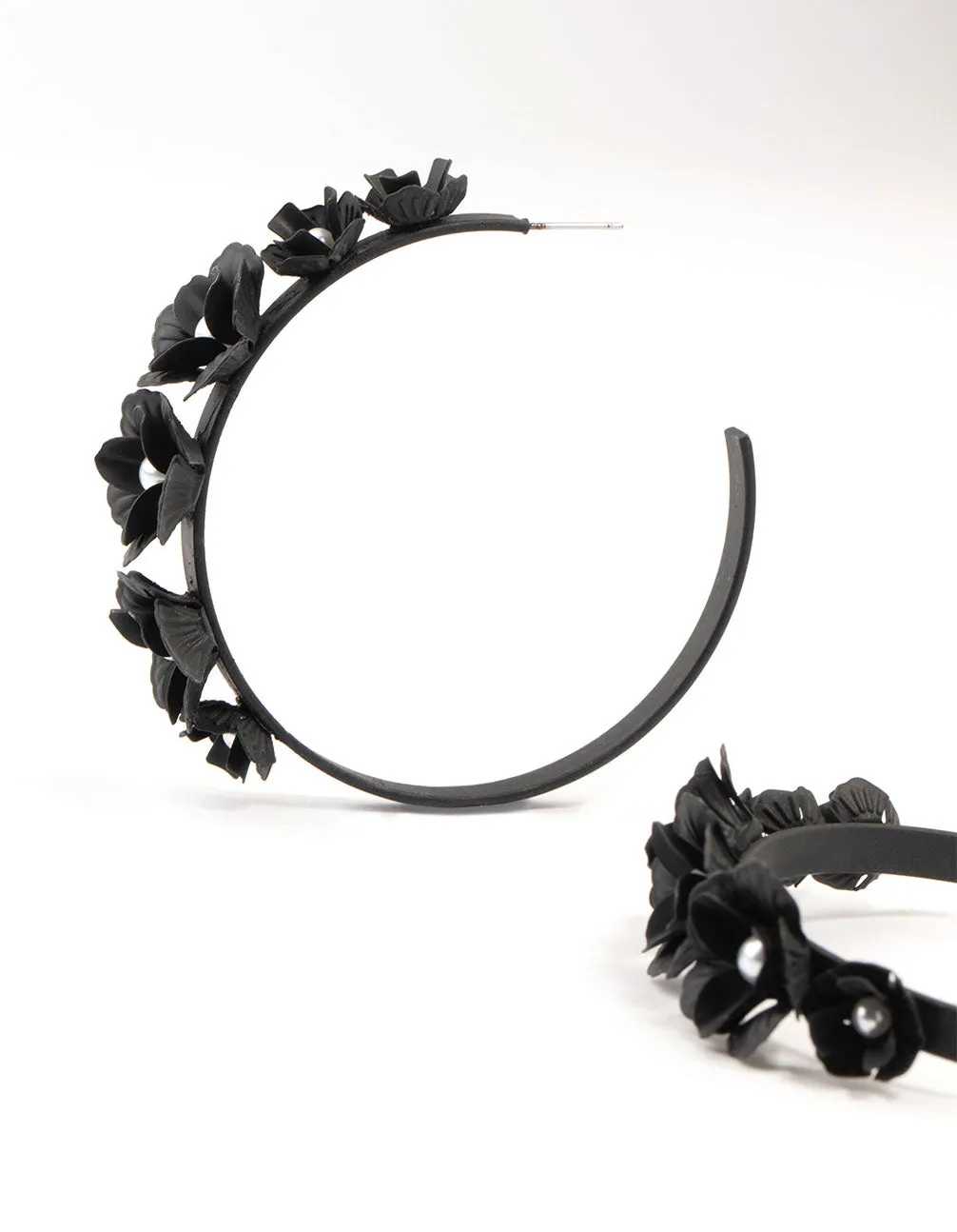 Black Floral Pearl Hoop Earrings